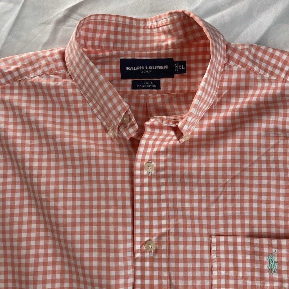 Ralph Lauren Golf Tilden Mens XL Shirt Orange Gingham Check Plaid Short Sleeve